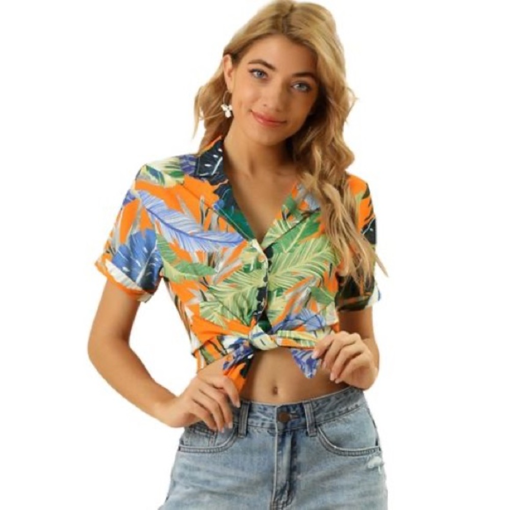 Allegra K | NWT Women’s Hawaiian Floral Leaf Print Button Down Shirt